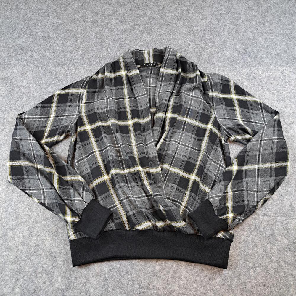 Maven West Shirt Womens XS Black Plaid Surplice Wrap Flax Blend USA Revolve Top